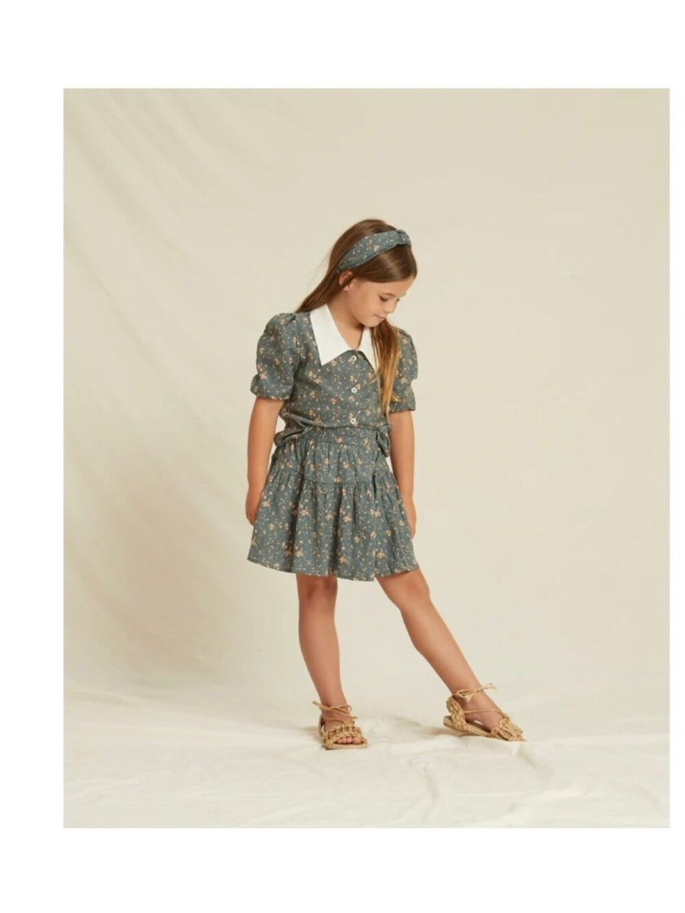 NWT Rylee Cru linen sparrow girl skirt  dark floral blue Coral 10-12y